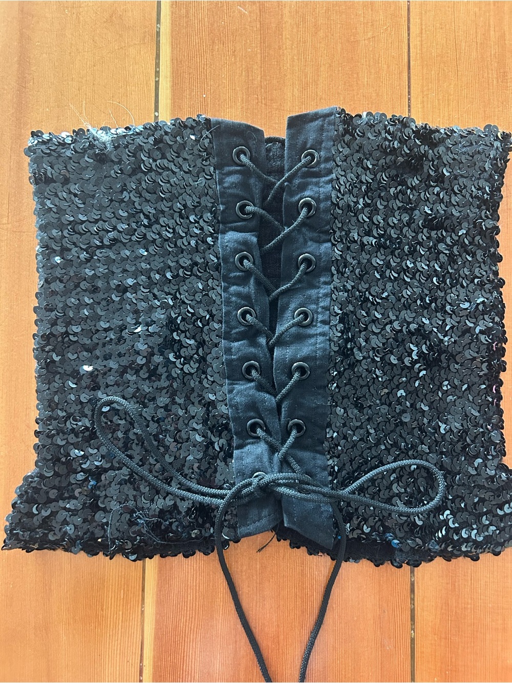 Sequence tube top with lace up back.